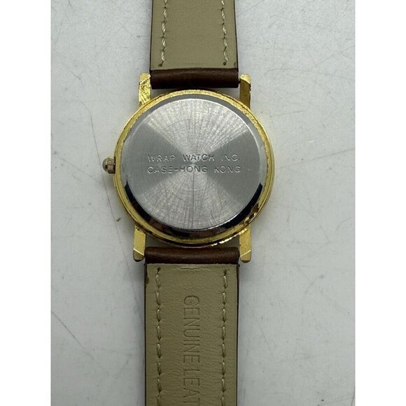 Vtg WRAP Boxer Dog Rotating Watch Gold Tone Round Face Brown Leather Band Arabic - Picture 2 of 8